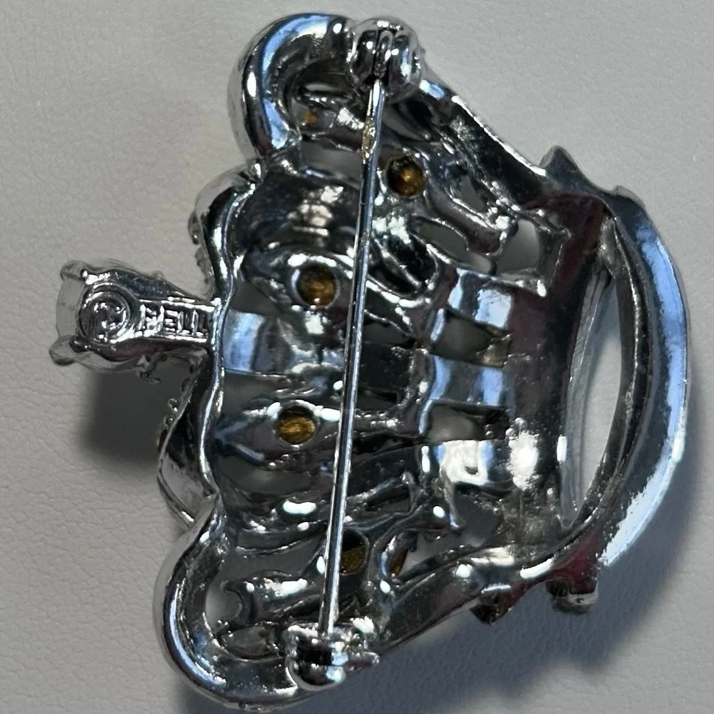 Vintage Pell Rhinestone Crown Brooch Silver Tone Clear Rhinestones